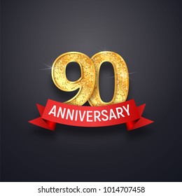 Ninety anniversary logo template. 90th years celebrating golden numbers with red ribbon vector design elements