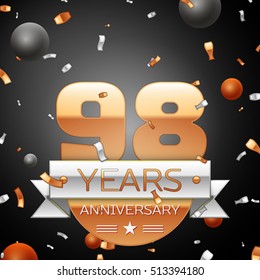 Ninety eight years anniversary celebration background with silver ribbon confetti and circles. Anniversary ribbon. Vector illustration.