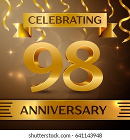 Ninety eight Years Anniversary Celebration Design. Confetti and gold ribbon on golden background. Colorful Vector template elements for your birthday party. Anniversary ribbon