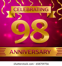 Ninety eight Years Anniversary Celebration Design. Confetti and golden ribbon on pink background. Colorful Vector template elements for your birthday party. Anniversary ribbon