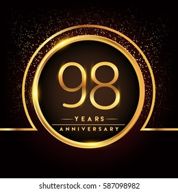 ninety eight years birthday celebration logotype. 98th anniversary logo with confetti and golden ring isolated on black background, vector design for greeting card and invitation card.