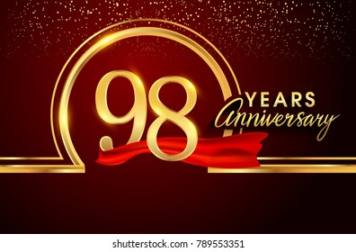 ninety eight years birthday celebration logotype. 98th anniversary logo with confetti and golden ring, red ribbon isolated on red background, vector design for greeting card and invitation card.