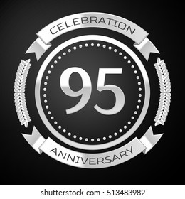 Ninety five years anniversary celebration with silver ring and ribbon on black background. Vector illustration