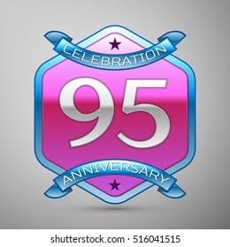Ninety five years anniversary celebration silver logo with blue ribbon and purple hexagonal ornament on grey background.
