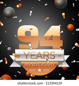 Ninety four years anniversary celebration background with silver ribbon confetti and circles. Anniversary ribbon. Vector illustration.