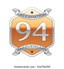 Ninety four years anniversary celebration silver logo with silver ribbon and golden hexagonal ornament on white background.