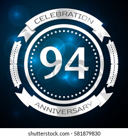 Ninety four years anniversary celebration with silver ring and ribbon on blue background. Vector illustration