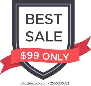 Ninety nine dollar sale offer prominently displayed on a shield, featuring a vibrant red ribbon, highlighting significant discounts and exceptional value for savvy shoppers