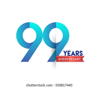 ninety nine years anniversary celebration logotype blue colored with red ribbon. 99th birthday logo on white background