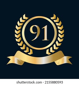 Ninety One, 91 Years Anniversary Celebration Gold and Black Template. Luxury Style Gold Heraldic Crest Logo Element Vintage Laurel Vector