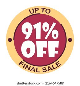 Hasta noventa y un por ciento de la venta final. Icono 91 %. Oferta especial etiqueta de descuento con viernes negro. Ventas planas Porcentaje de descuento en el precio reducir la ilustración de diseño de promoción de placa aislado blanco