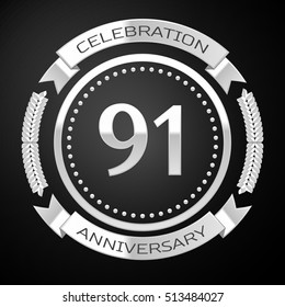 Ninety one years anniversary celebration with silver ring and ribbon on black background. Vector illustration