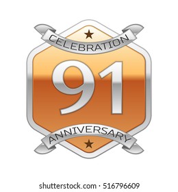 Ninety one years anniversary celebration silver logo with silver ribbon and golden hexagonal ornament on white background.