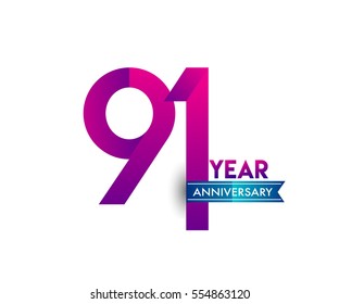 ninety one years anniversary celebration logotype colorfull design with blue ribbon, 91st birthday logo on white background