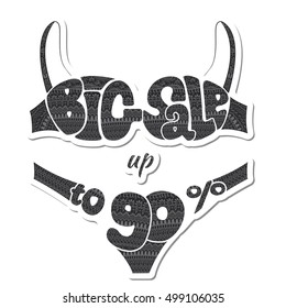 Ninety percent. The inscription big sale hand-decorated ornaments. Sticker. Vector illustration