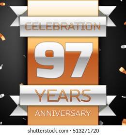 Ninety seven years anniversary celebration golden and silver background. Anniversary ribbon