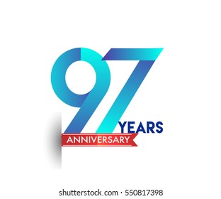 ninety seven years anniversary celebration logotype blue colored with red ribbon. 97th birthday logo on white background