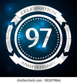 Ninety seven years anniversary celebration with silver ring and ribbon on blue background. Vector illustration