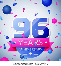 Ninety six years anniversary celebration on grey background. Anniversary ribbon