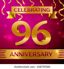 Ninety six Years Anniversary Celebration Design. Confetti and golden ribbon on pink background. Colorful Vector template elements for your birthday party. Anniversary ribbon