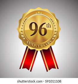 ninety six years anniversary logotype, with golden badge and red ribbon, vector elements for birthday celebration
