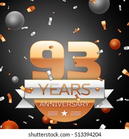 Ninety three years anniversary celebration background with silver ribbon confetti and circles. Anniversary ribbon. Vector illustration.
