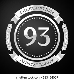 Ninety three years anniversary celebration with silver ring and ribbon on black background. Vector illustration