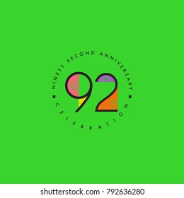 Ninety two years, 92nd Anniversary Celebration Logo Design, Number 92 Icon Vector Template.