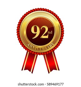ninety two years birthday celebration logotype. 92nd years anniversary golden badge with red ribbons isolated on white background, vector design for greeting card, banner and invitation card.