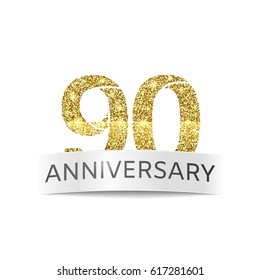 Ninety years anniversary. The banner of the 90th birthday golden glitter color on white background