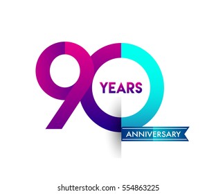 ninety years anniversary celebration logotype colorfull design with blue ribbon, 90th birthday logo on white background