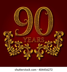 Ninety years anniversary celebration patterned logotype. Ninetieth anniversary vintage golden logo with shadow.