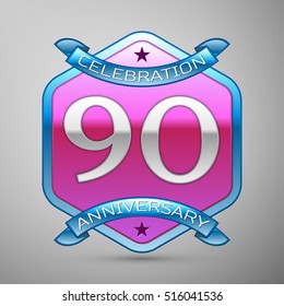 Ninety years anniversary celebration silver logo with blue ribbon and purple hexagonal ornament on grey background.