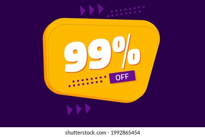 ninety-nine percent discount. purple banner with orange floating balloon for promotions and offers 