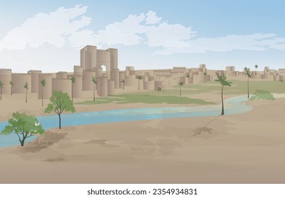 Nineveh. Panorama of the ancient city. Assyrian capital. Vector illustration. 