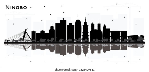 Ningbo China City Skyline with Black Buildings and Reflections Isolated on White. Vector Illustration. Business Travel and Tourism Concept with Historic Architecture. Ningbo Cityscape with Landmarks.