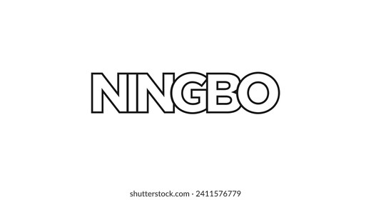 Ningbo im China-Emblem für Druck und Web. Das Design zeichnet sich durch geometrischen Stil, Vektorgrafik mit gewagter Typografie in moderner Schrift aus. Grafische Slogan-Schrift einzeln auf weißem Hintergrund.