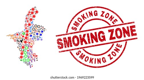 Ningxia Hui Region map mosaic and unclean Smoking Zone red round stamp. Smoking Zone seal uses vector lines and arcs. Ningxia Hui Region map mosaic includes markers, houses, wrenches, bugs, people,