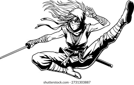 Ninja in action with sword and stick