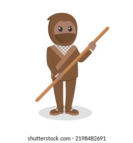 Ninja african With Wooden Stick design character on white background
