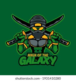 Ninja alien samurai head mascot logo for e-sport gaming and e-sport team. Cool ninja with two swords template logo design element. Green ninja alien professional gamer character. Vector illustration