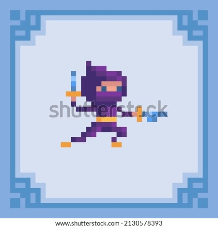Ninja with ancient weapon. Pixel art character. Vector illustration in 8 bit style