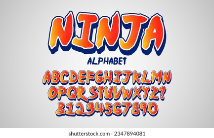 Ninja anime font. Vintage cartoon font in japanese style for cartoon anime, ninja logos and t-shirt. Anime ninja titile typeface, cartoon style font. Vector