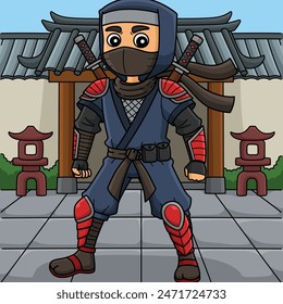 Ninja with Armor Colored Cartoon Illustration