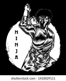 Ninja Assasin, Hand Drawn Engraving Illustration,  Isolated Vector