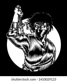 Ninja Assasin, Hand Drawn Engraving Illustration,  Isolated Vector