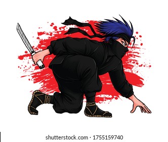 Ninja Assasin Illustration, Hand Drawn Line Art