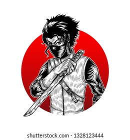 Ninja Assasin, Isolated Vector, Hand Drawn Illustration