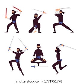 Personajes de caricatura del asesino de Ninja luchan con la espada de arma japonesa, ilustración vectorial plana aislada en fondo blanco. Personaje de combate Kamikaze en movimiento.