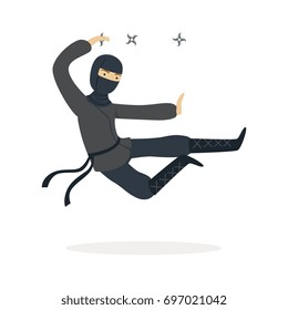 Ninja-assassin-Figur in einem schwarzen Kostüm-Springen und Schüren, japanische Vektorillustration der Kampfkunst Illustration auf weißem Hintergrund